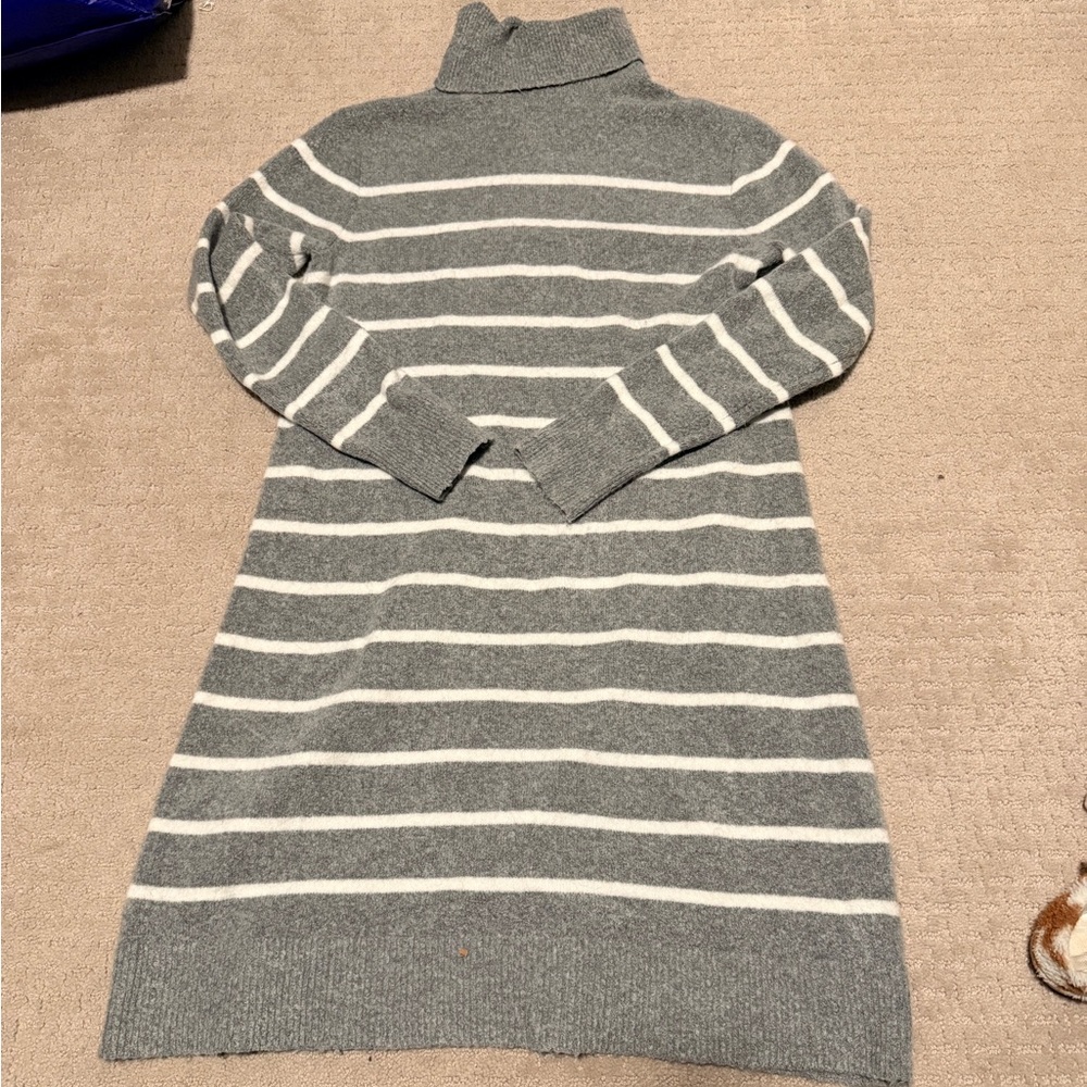J. Crew Gray and Cream Striped Turtleneck Sweater Dress